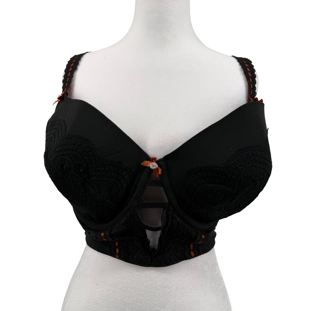 Cacique‎ Black Orange Lace Lightly Lined Balconette Bra 42DDD Rosette Cutout